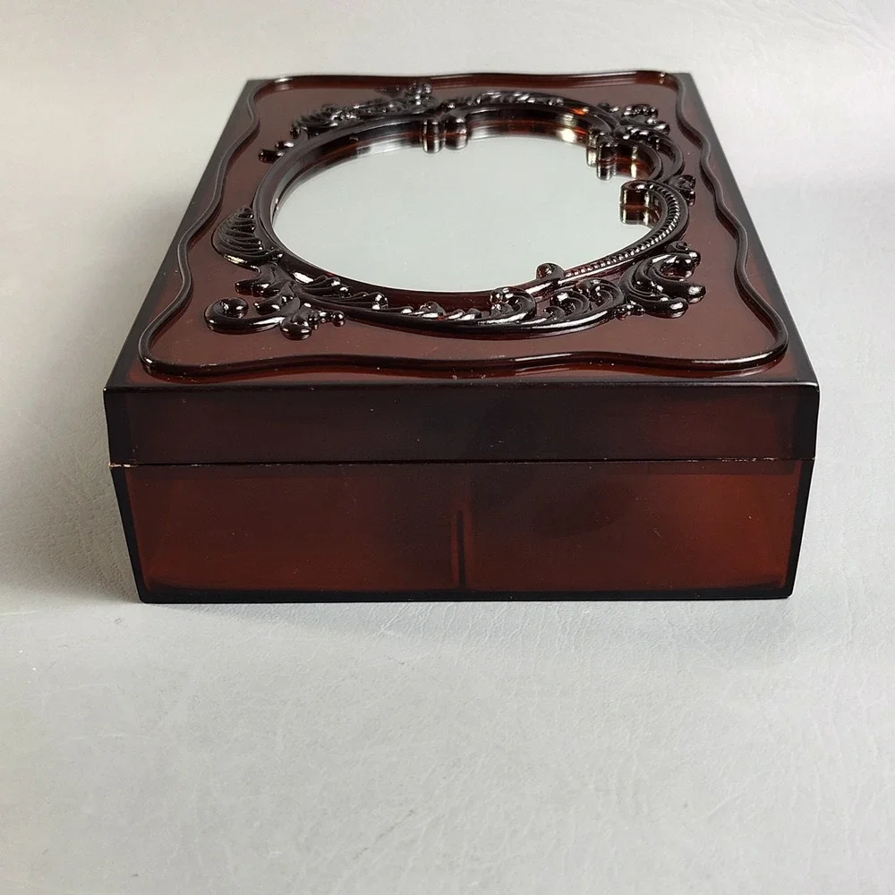 Vintage MCM Vanity‎ Jewelry Box With Freestanding Mirror Frame Lid Amber
